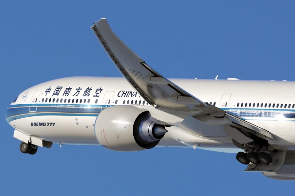 A China Southern Boeing aircraft in the sky.