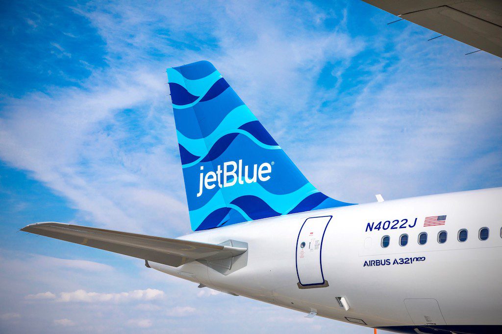 The tail fin of a JetBlue aircraft.