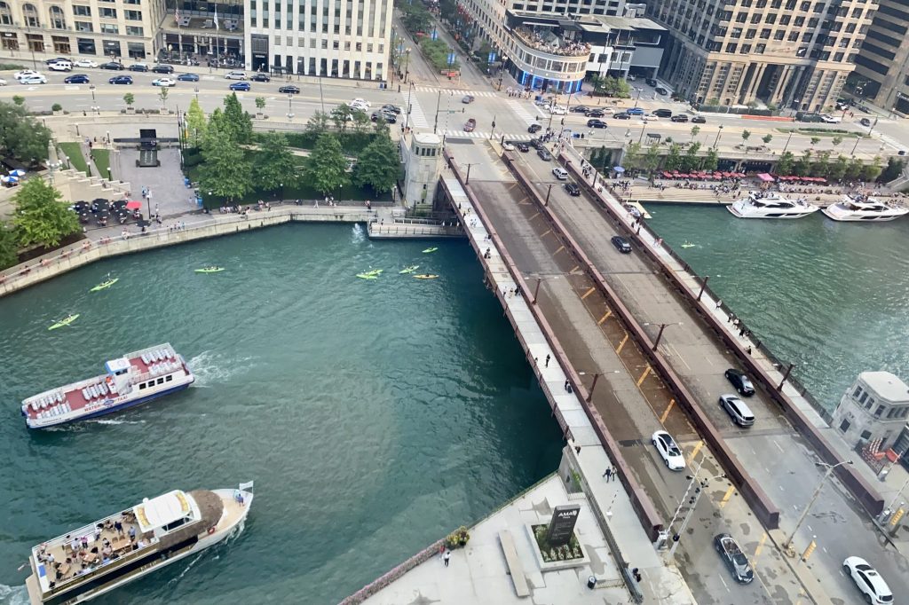 Aerial view of Chicago River cruises