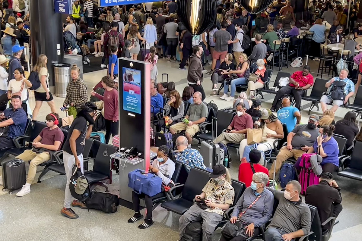 A busy waiting area at Los Angeles International Airport