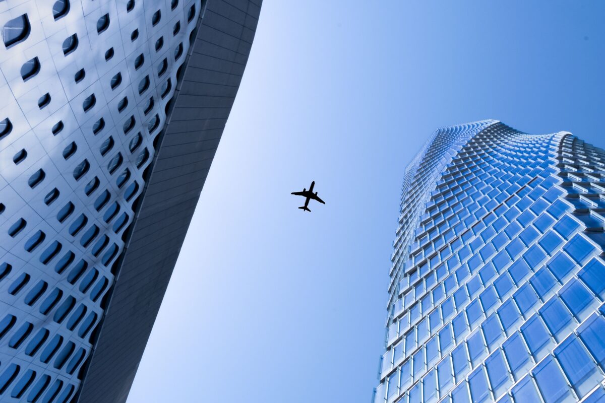 Stock photo of an airplane overhead.