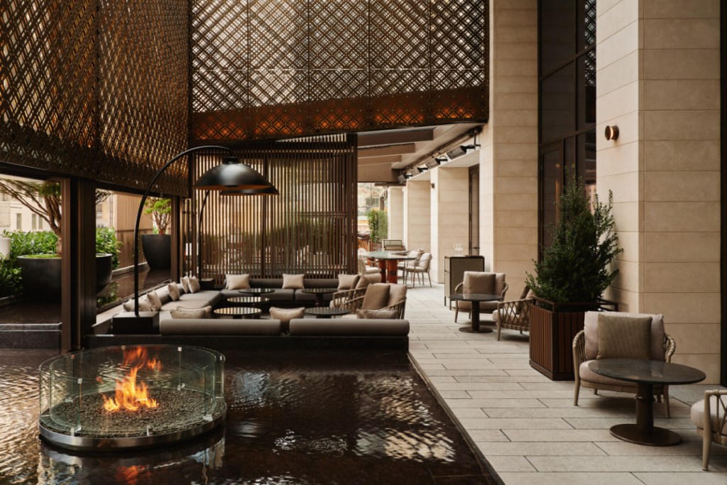 A view of the pool and fire pit at the garden terrace of the Aman New York, which opened in 2023. Source: Aman.