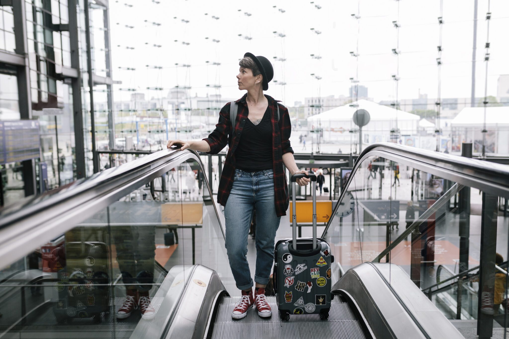 A traveler at a train station.