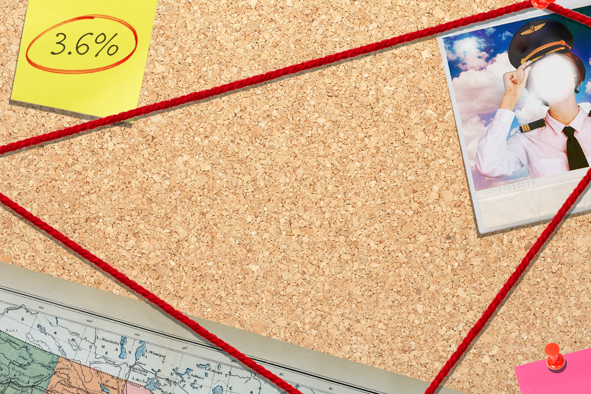 Pin board with polaroid of a women pilot with her face blurred, yellow sticky note with 3.6% circles in red and world mat cut-out.