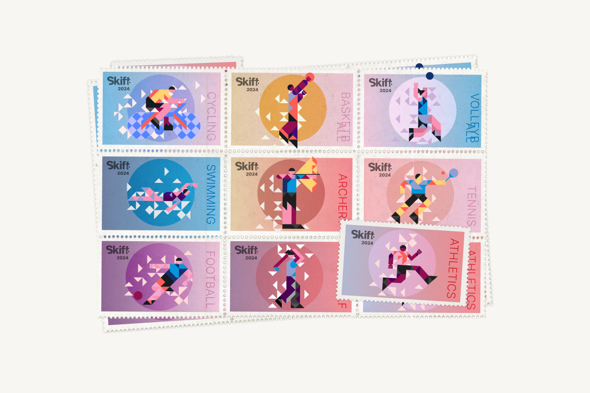 various multicoloured Olympic inspired graphics on postage stamps with Skift logo