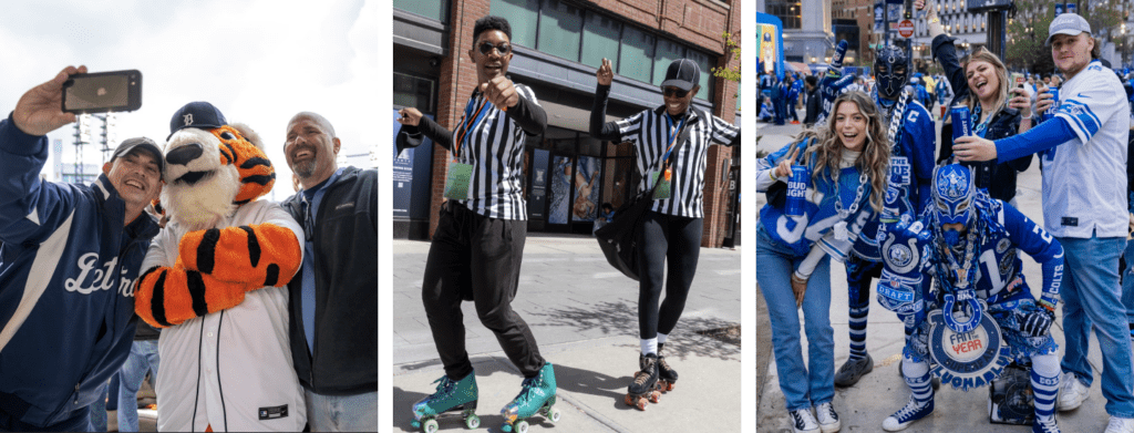 3 x graphics of sports fans in jerseys and shirts supporting their local teams and posing with mascots