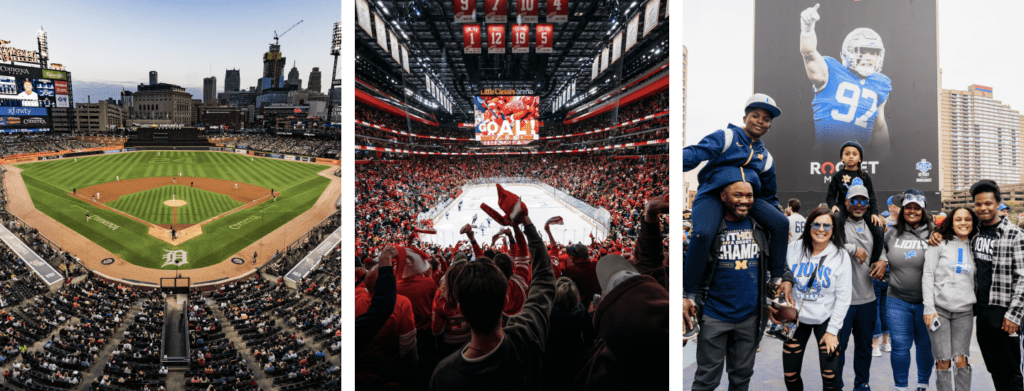 3 x image collage of stadiums in Detroit, Michigan and fans posing outside supporting the professional sports teams the Detroit Lions and Michigan Wolverines.