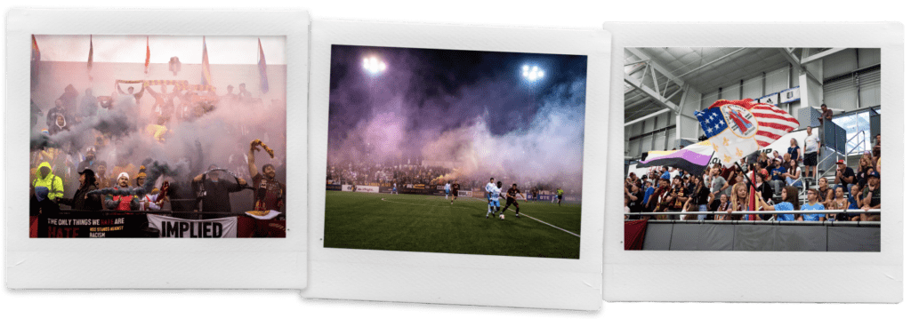 3 x image graphic in polaroid style of fans celebrating at stadiums watching their favourite sports games with smoke and flags.