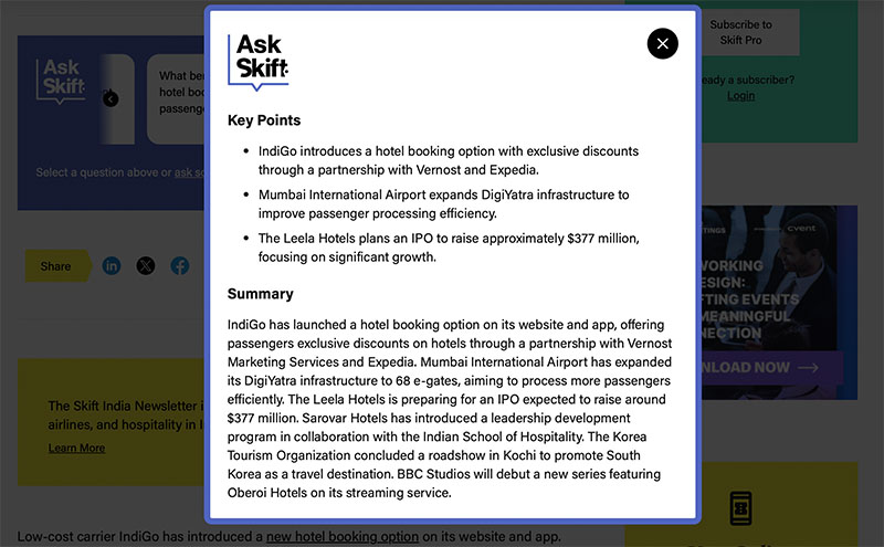 Screenshot of the Ask Skift Key Points and Summary block inside Skift articles