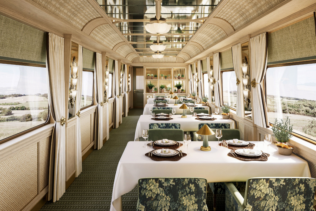 interior of a light-filled dining car.