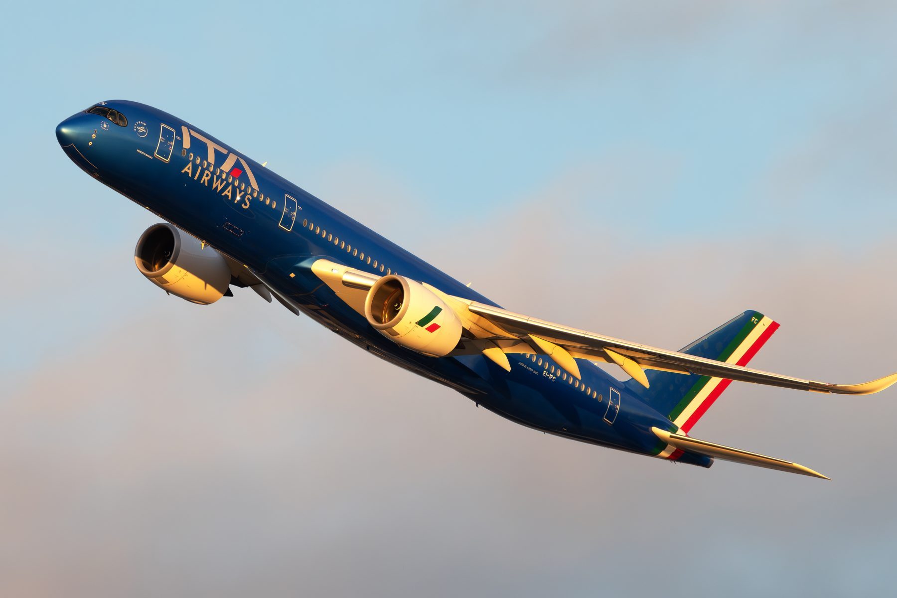 An ITA Airways Airbus A350 in the sky.