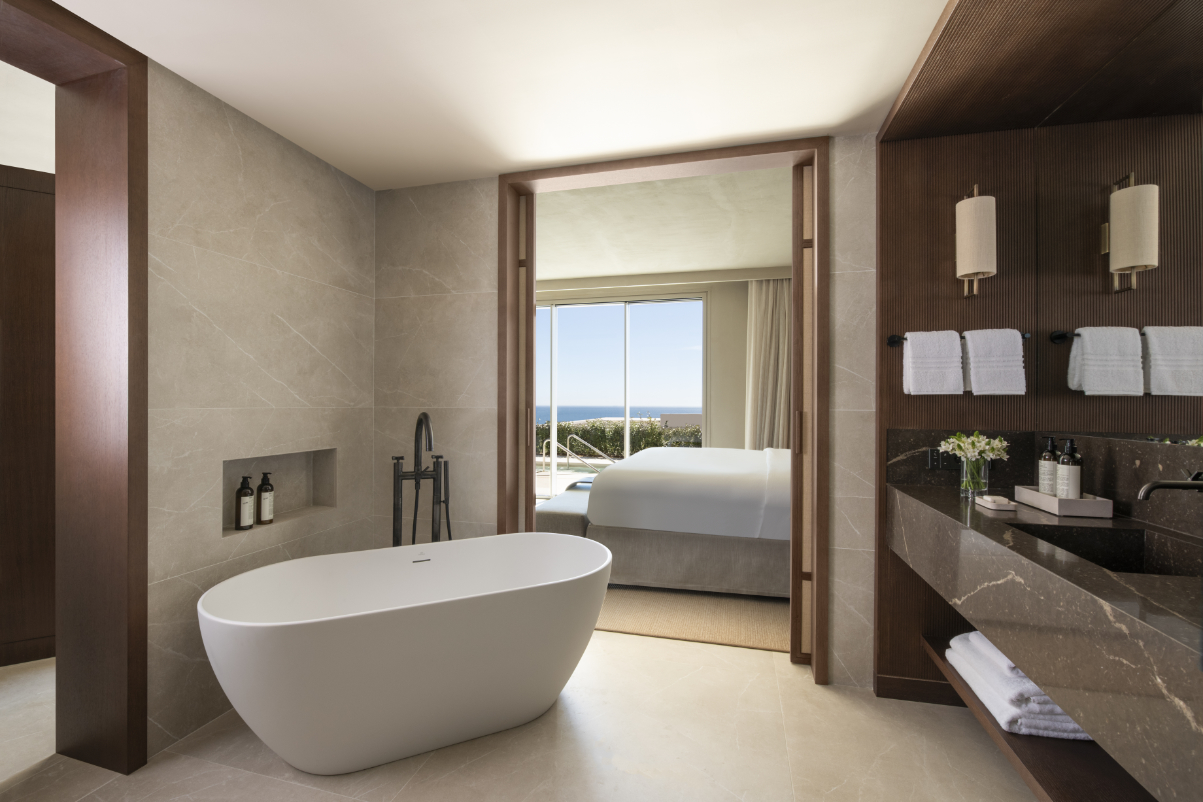 view of the bathroom and bedroom in a luxury hotel in Spain