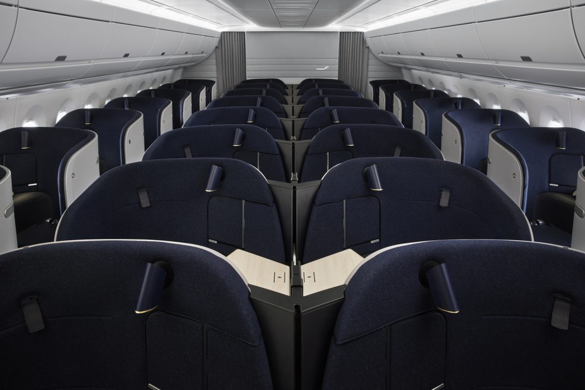 The Business Class cabin on a Finnair Airbus A350-900.