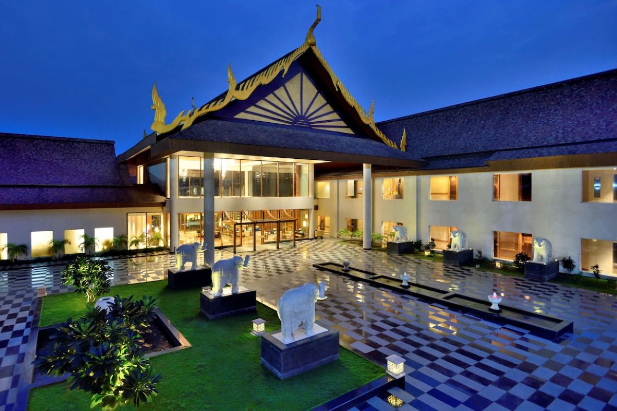 exterior of a hotel at night