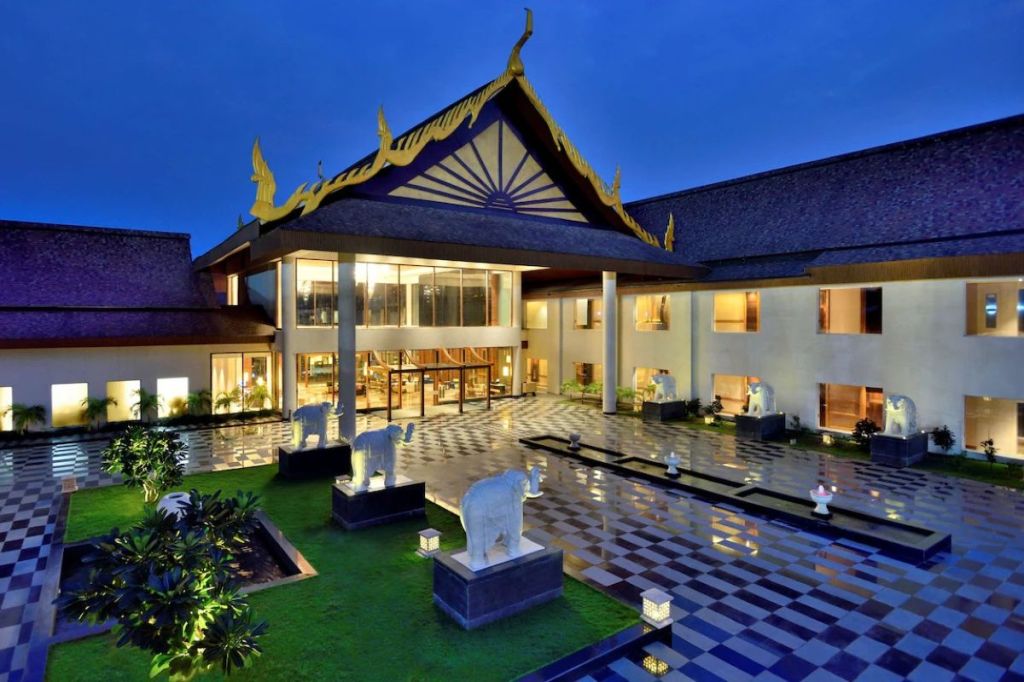 exterior of a hotel at night