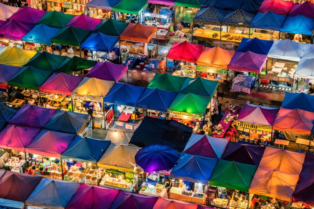 aerial view of a market at night.