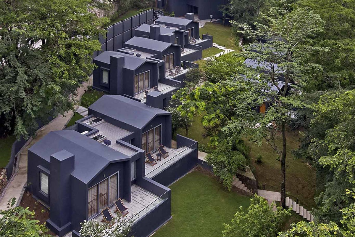 Aerial view of The Roseate Ganges hotel in Rishikesh.