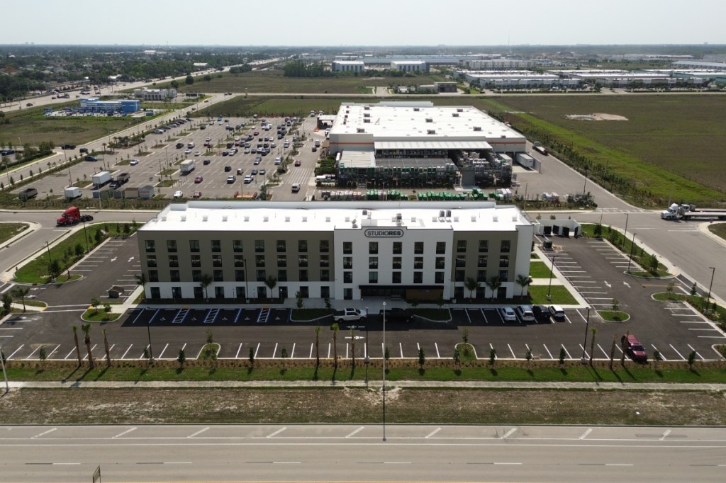 image of a newly opened extended stay hotel as viewed from the air