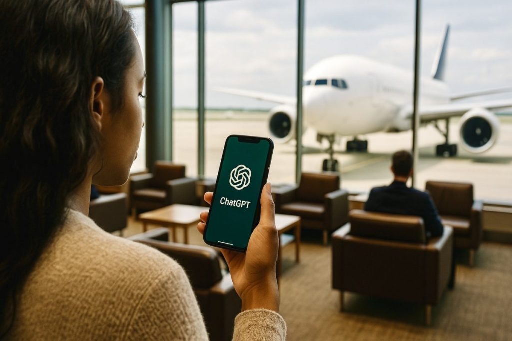 Woman at airport lounge holding a phone with ChatGPT logo on it.