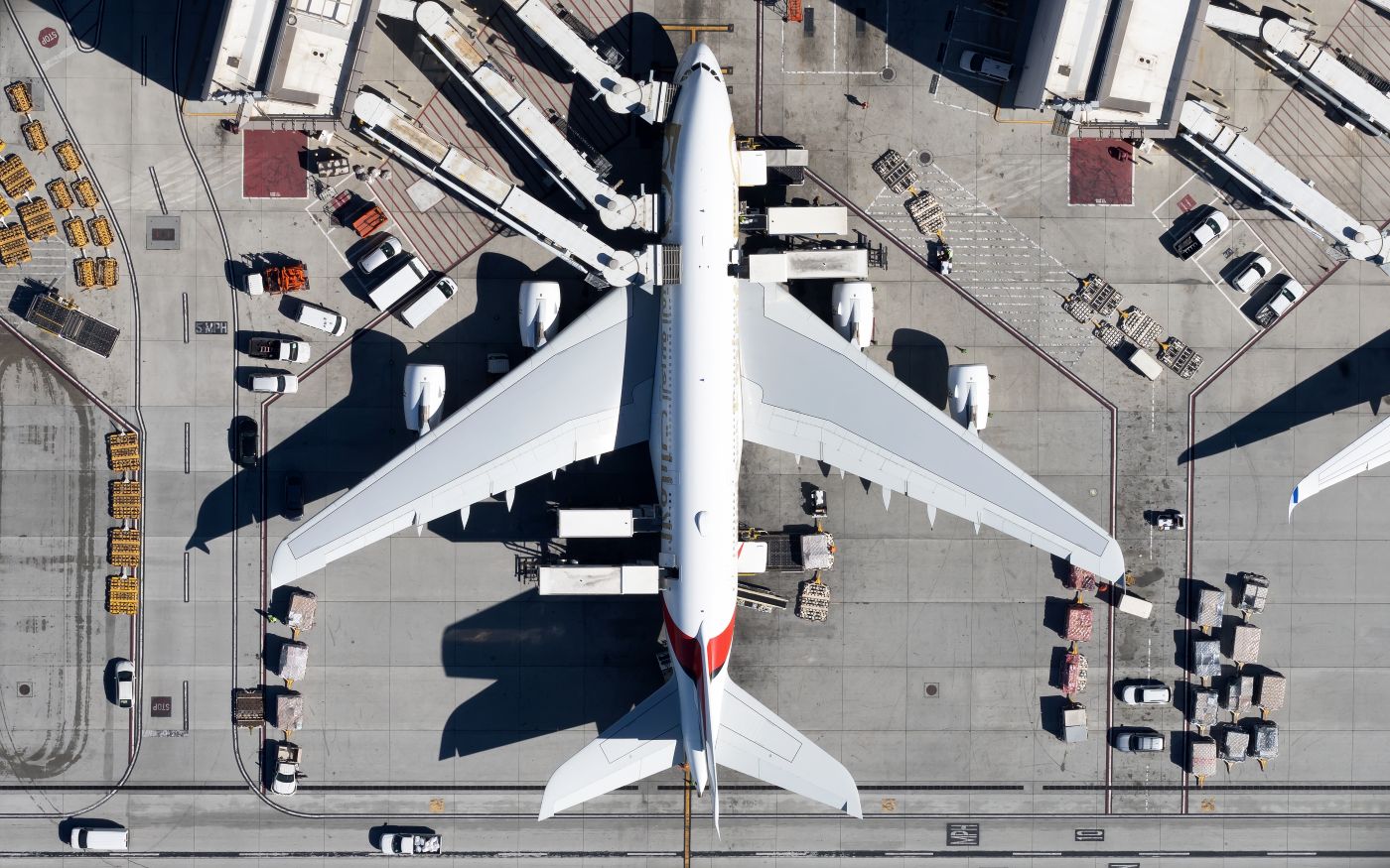 An Emirates Airbus A380 parked at Los Angeles Airport.