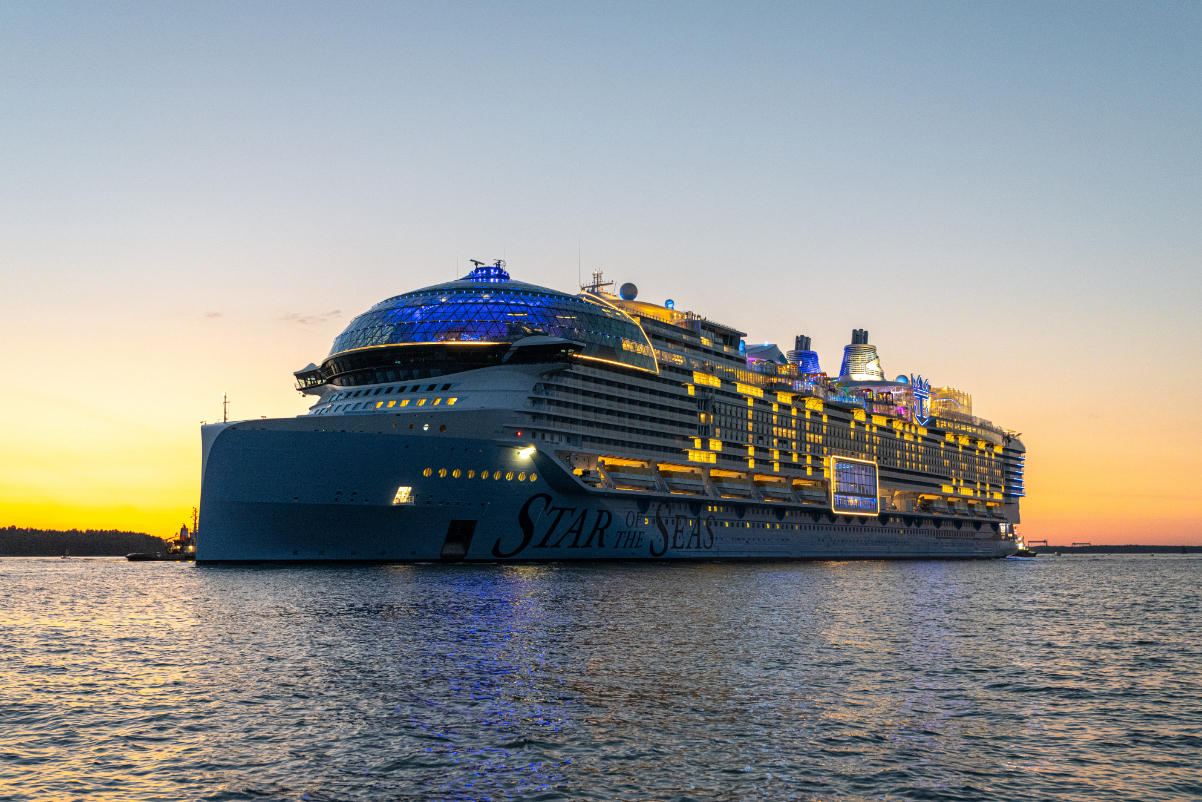 view of a cruise ship at dusk