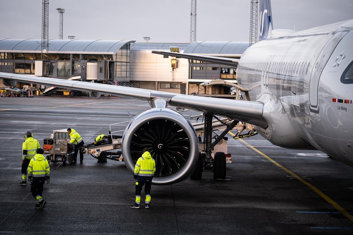 A SAS aircraft on the apron at Copenhagen Airport.
