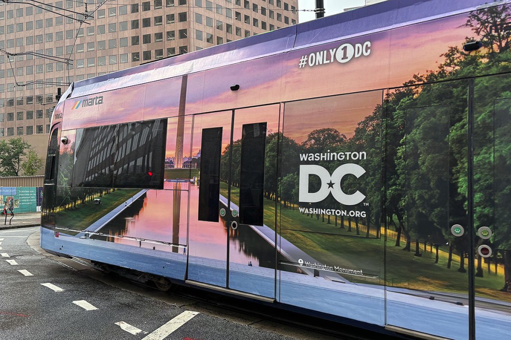 A streetcar branded with Washington, D.C. tourism in Atlanta.