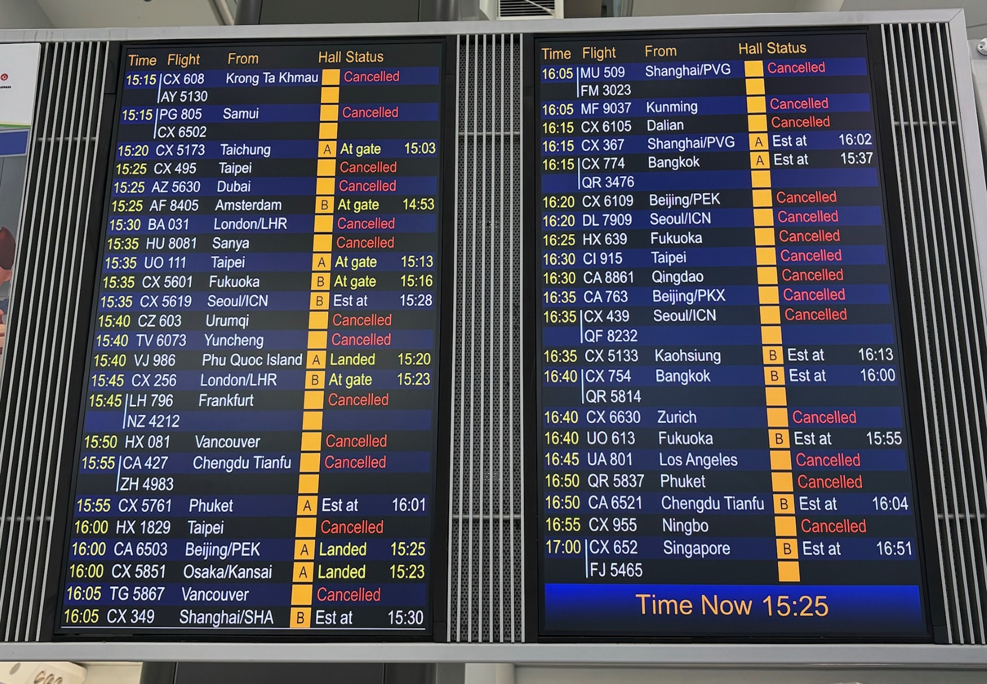 An arrivals board at Hong Kong International Airport ahead of Typhoon Ragasa.