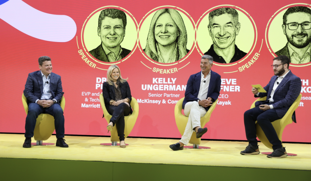 Drew Pinto, Marriott CTO, Steve Hafner, Kayak CEO and Kelly Ungerman, senior partner at McKinsey at the Skift Global Forum.