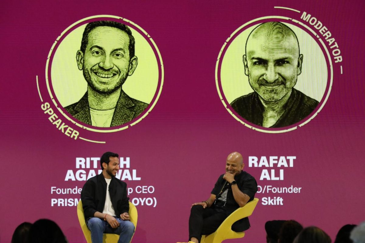 Skift CEO Rafat Ali in conversation with Group CEO and Founder of Prism, Ritesh Agarwal at the Skift Global Forum in New York on September 17.