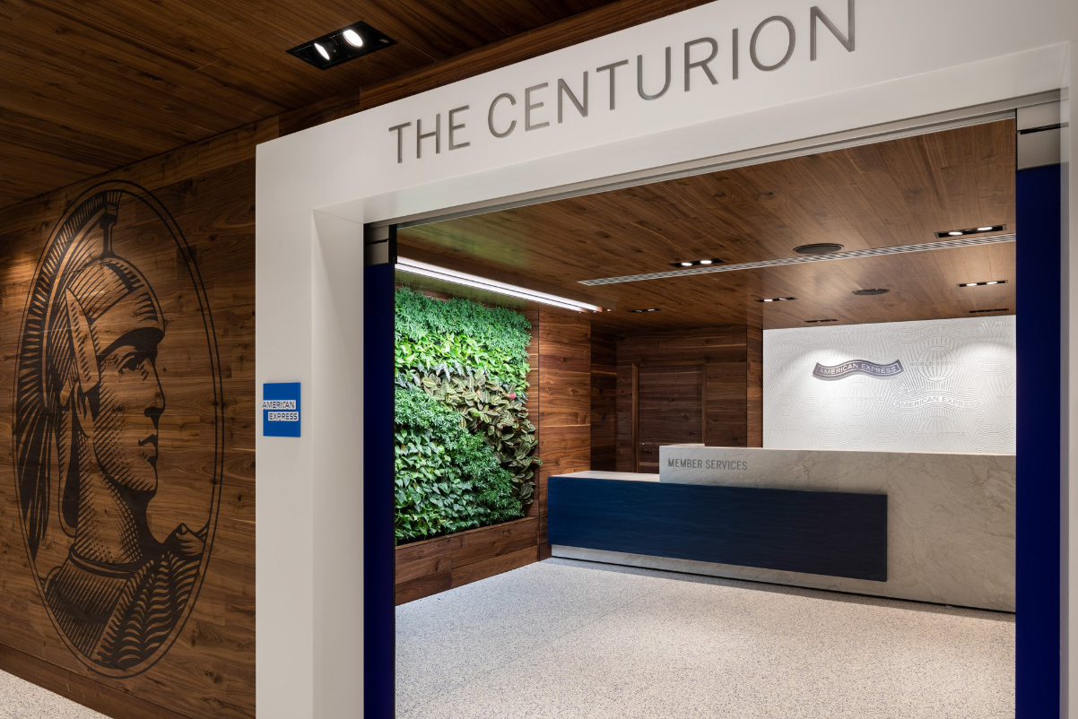 a view of entrance to an american express centurion lounge at los angeles airport