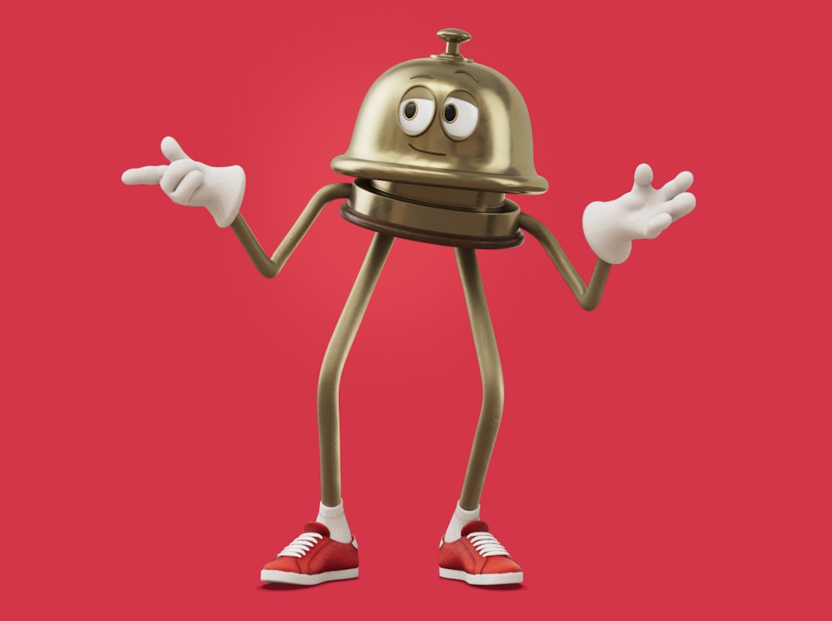 The Hotels.com logo. It is sort of a stick figure with a bell as the head. The background is red and the "bellhop" is wearing red sneakers.