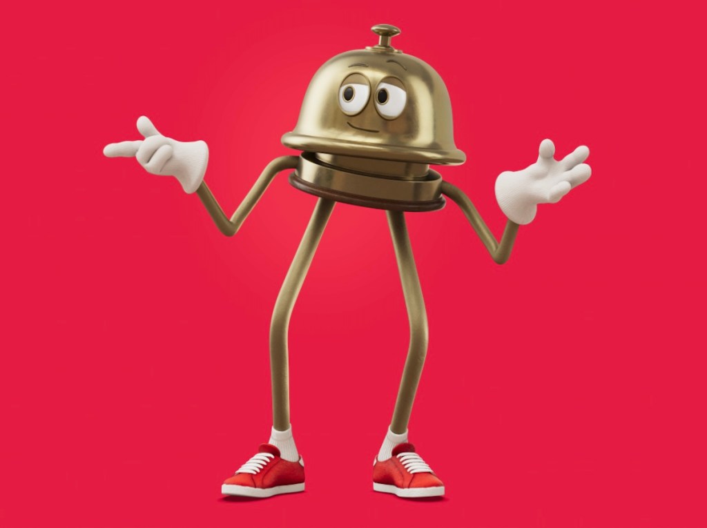 The Hotels.com logo. It is sort of a stick figure with a bell as the head. The background is red and the "bellhop" is wearing red sneakers.