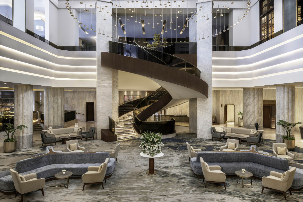 interior of a hotel lobby at an upscale hotel brand run by Accor