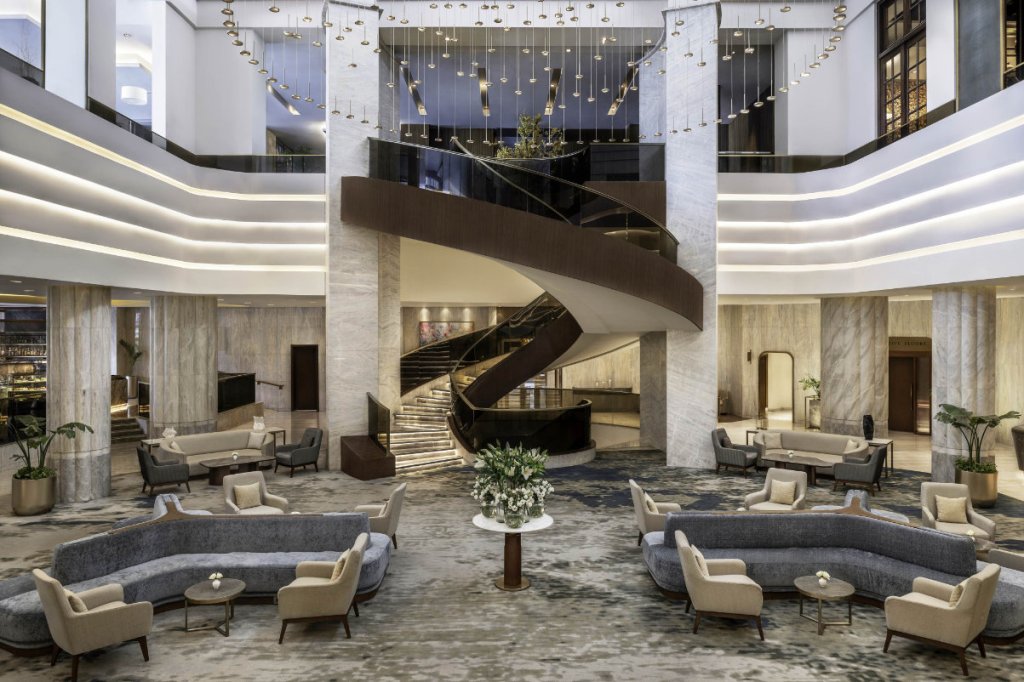 interior of a hotel lobby at an upscale hotel brand run by Accor
