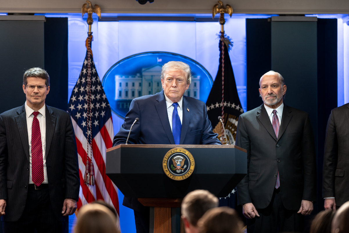 An official White House photo of President Donald Trump speaking on February 20th, 2026 at the podium at a press conference.