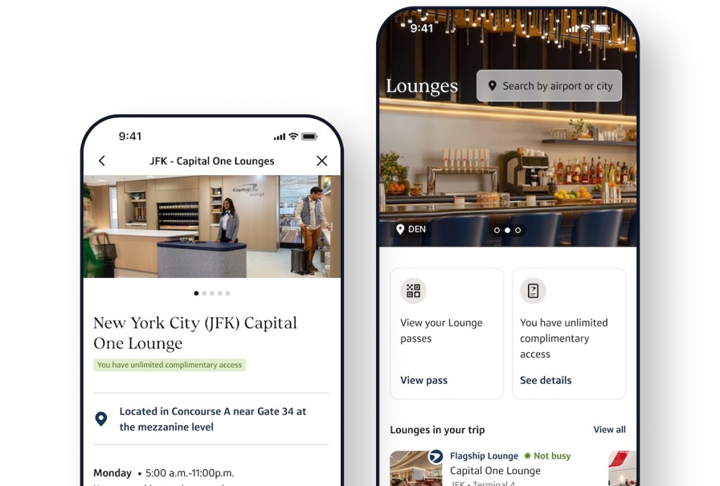 2 phones showing capital one travel's app