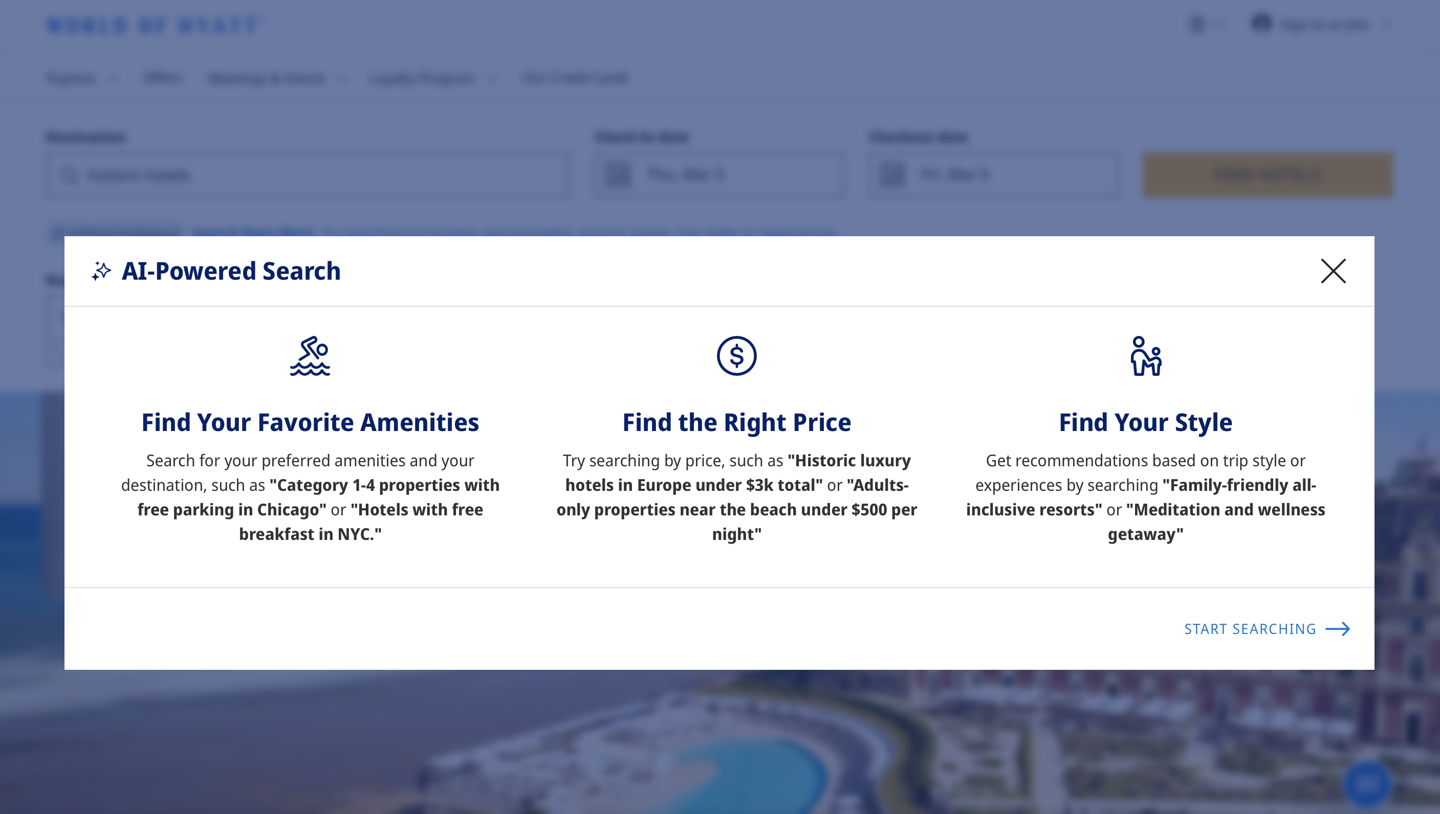 a screenshot of AI powered search on Hyatt's website
