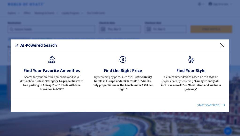 a screenshot of AI powered search on Hyatt's website