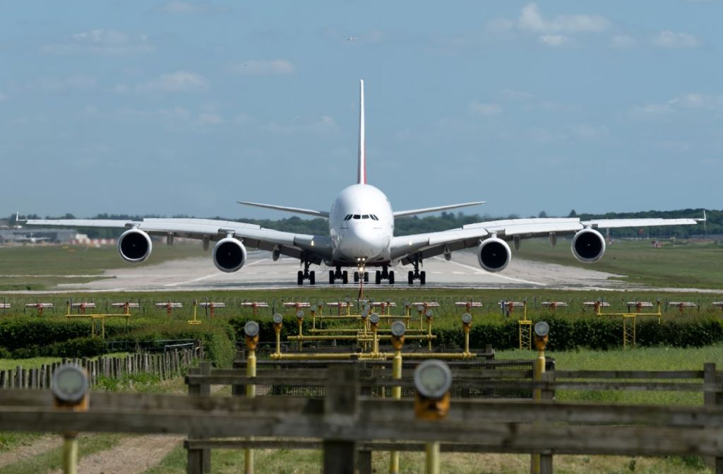 A file image of an Emirates Airbus A380-800 at London Gatwick Airport.