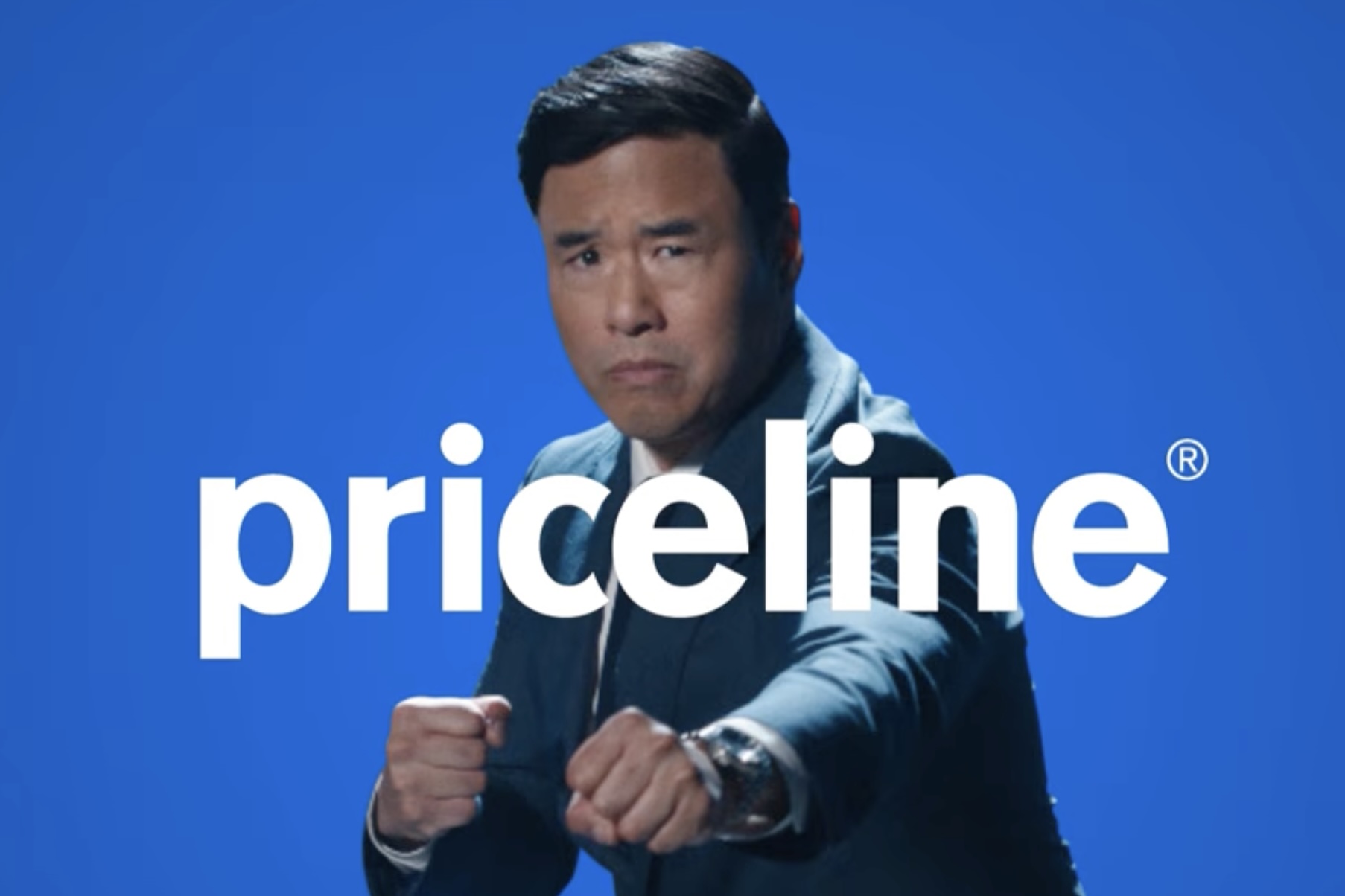 A man in a karate stance in an ad for Priceline