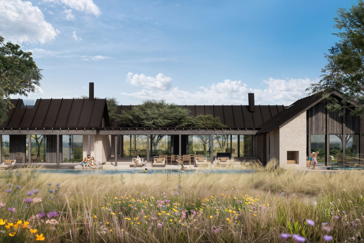 Image of a planned hotel in Texas Hill Country. It's an artist's rendering of guests at a pool on a very low-slung, modern property with glass windows and lots of grass