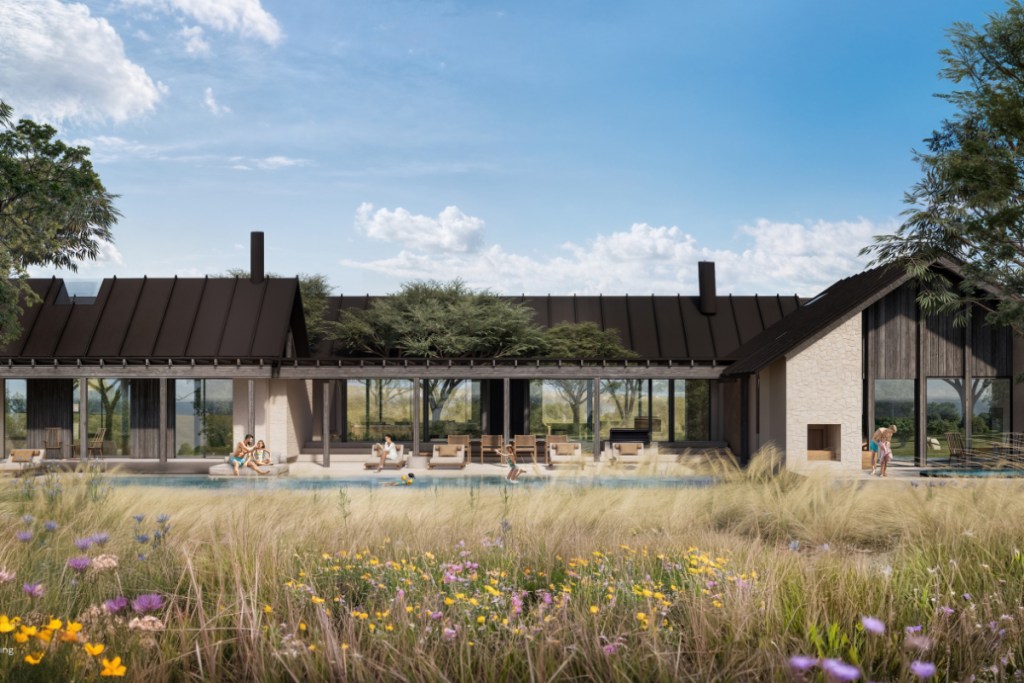 Image of a planned hotel in Texas Hill Country. It's an artist's rendering of guests at a pool on a very low-slung, modern property with glass windows and lots of grass
