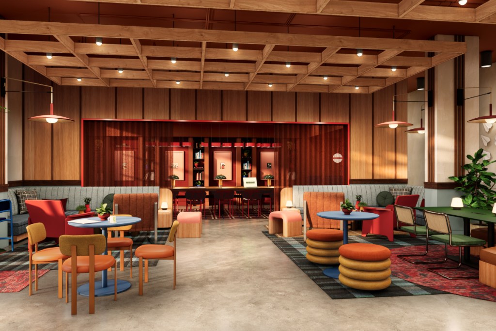 A rendering of a warm tones, modern furniture hotel that charges about $130 a night in small college towns under the brand Undergraduate by Hilton.